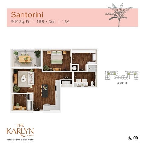 Floor plan for 1 bed, 1 bath, 944 sqft